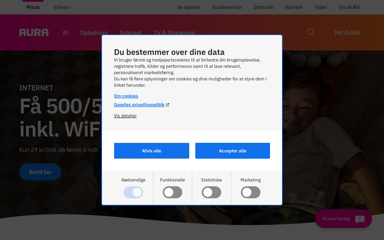 Skærmbillede af AURAs hjemmeside — https://aura.dk