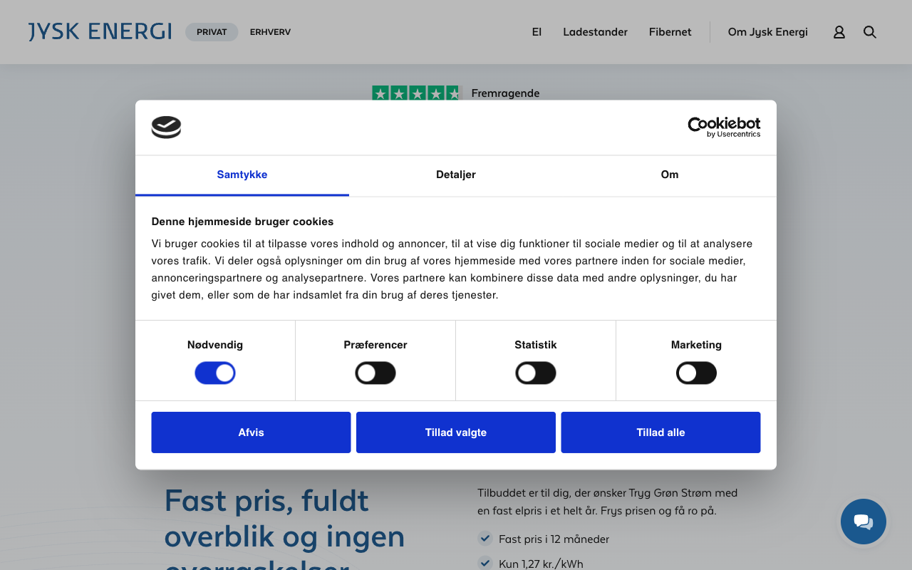 Skærmbillede af Jysk Energis hjemmeside — https://jyskenergi.dk