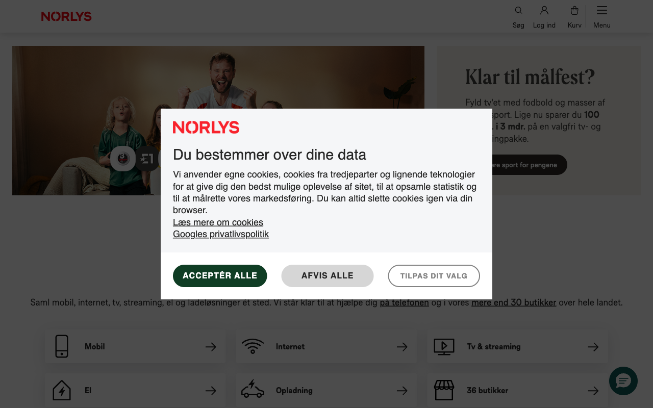 Skærmbillede af Norlyss hjemmeside — https://norlys.dk